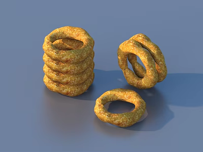 Golden Breaded Crispy Onion Rings Stacked And Scattered On Blue Surface 3d model