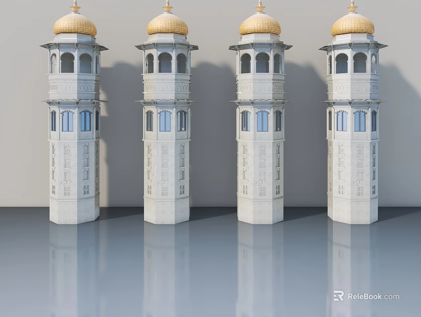 White Towers Featuring Side Hung Doors with Golden Domes and Reflective Gray Floor 3d model 