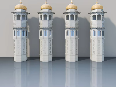 White Towers Featuring Side Hung Doors with Golden Domes and Reflective Gray Floor 3d model