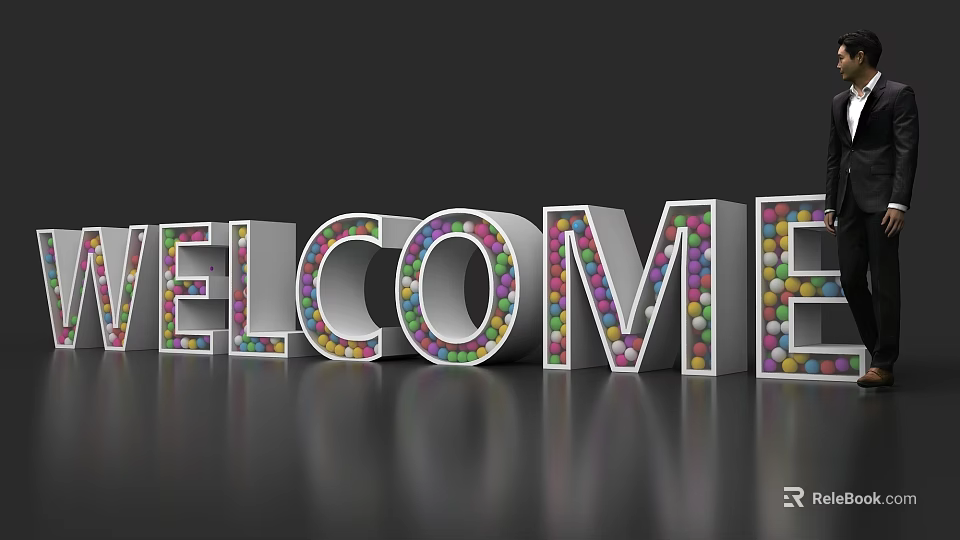 3D WELCOME Letters Composed Of Colorful Balls On Dark Reflective Floor 3d model 