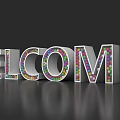 3D WELCOME Letters Composed Of Colorful Balls On Dark Reflective Floor