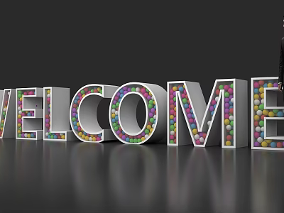 3D WELCOME Letters Composed Of Colorful Balls On Dark Reflective Floor 3d model