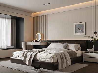Modern Bedroom Interior Design With Large Bed Plush Blanket Dark Headboard And Decorative Painting 3d model