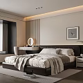 Modern Bedroom Interior Design With Large Bed Plush Blanket Dark Headboard And Decorative Painting
