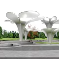 Modern Flower Shaped White Pergola In Outdoor Park With Green Trees And Open Plaza