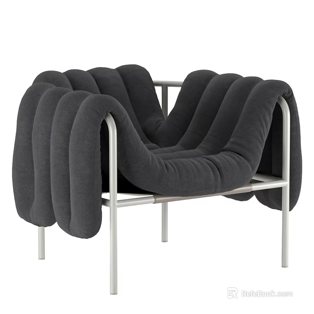 Modern Gray Leisure Chair With Curved Padded Seat And Metal Frame 3d model 