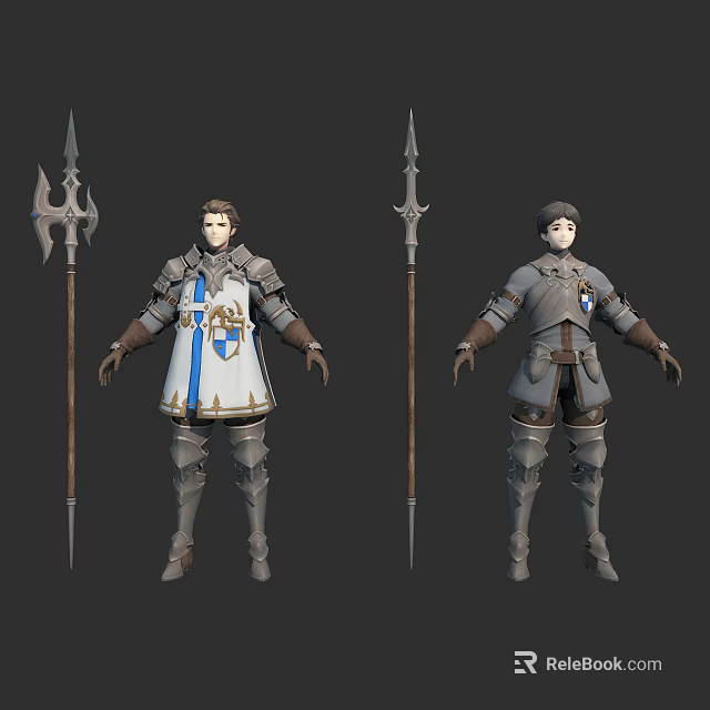 Two Medieval Warrior Characters In Steel Armor With Creature Emblems And Long Spears 3d model