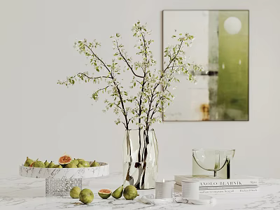 Decorative Ornament Set With Clear Vase Green Branches White Fruit Plate And Green Wall Art 3d model