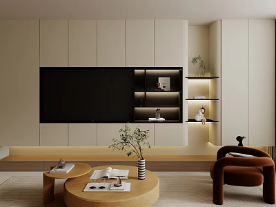 Modern TV Wall Unit With Open Shelves Decorative Items Wooden Coffee Table And Brown Armchair 3d model
