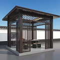 Traditional Chinese Wooden Pavilion with Carved Grilles Tea Table and White Wall Grey Tile