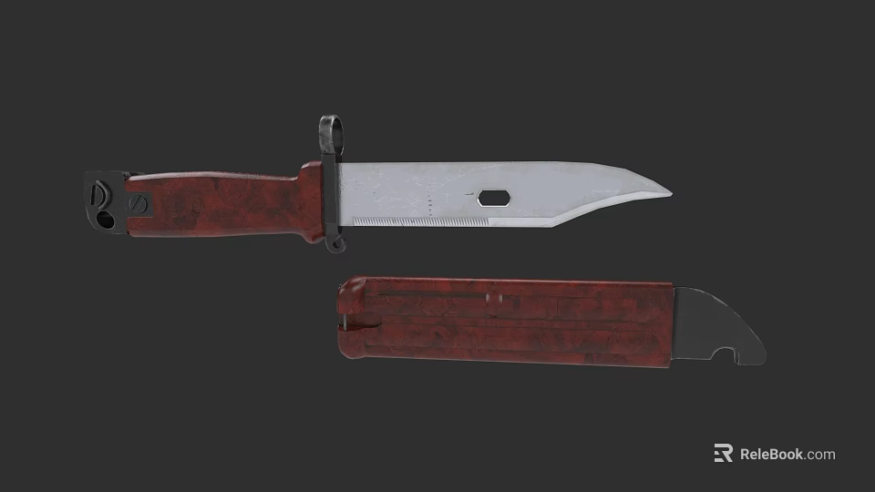 Tactical Knife With Silver Blade Red Wooden Handle And Sheath Metal Parts 3d model 