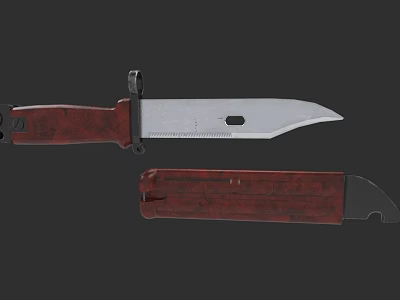 Tactical Knife With Silver Blade Red Wooden Handle And Sheath Metal Parts 3d model