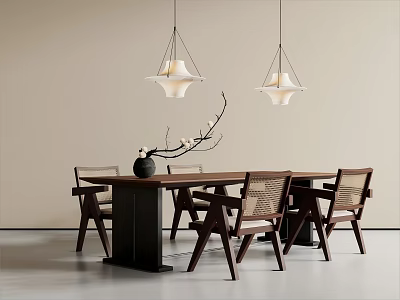 Modern Dining Table Set with Wooden Top Woven Chairs Hanging Lights and Branch Decoration 3d model