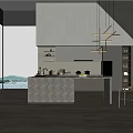 Modern Kitchen Interior Design With Gray Cabinets Island Counter Pendant Lights And Wooden Floor View