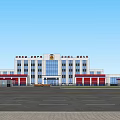 Fire Rescue Office Building With Red White Exterior Glass Curtain Walls Front Plaza and Trees