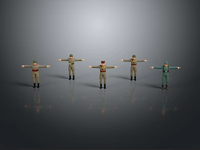 Five Toy Soldier Figurines Standing With Arms Outstretched On Gray Background With Reflection 3d model