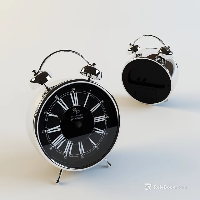 Classic Silver Alarm Clock With Black Dial Roman Numerals And Double Bells 3d model 