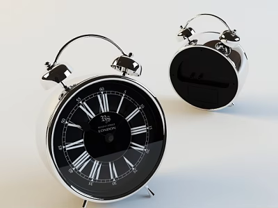 Classic Silver Alarm Clock With Black Dial Roman Numerals And Double Bells 3d model