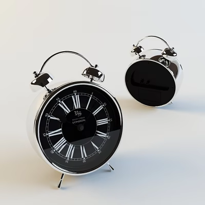 Classic Silver Alarm Clock With Black Dial Roman Numerals And Double Bells 3d model