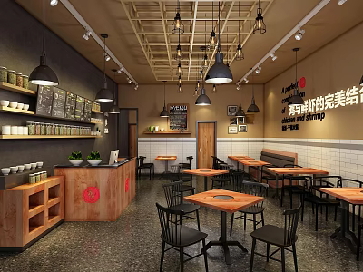Modern Hotpot Restaurant Interior Design With Wooden Counter Black Pendant Lights Dining Tables And Chairs 3d model