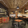 Modern Hotpot Restaurant Interior Design With Wooden Counter Black Pendant Lights Dining Tables And Chairs