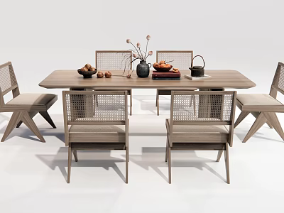 Wooden Dining Table Set With Rattan Chairs Decorative Vase And Fruit Bowl 3d model