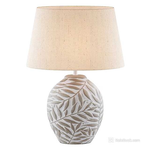 Table Lamp With Beige Fabric Lampshade And Leaf Carved White Base 3d model 
