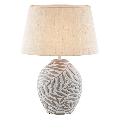 Table Lamp With Beige Fabric Lampshade And Leaf Carved White Base 3d model