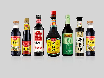 Various Chinese Condiment Bottles for Kitchen Cooking with Different Labels and Colors 3d model