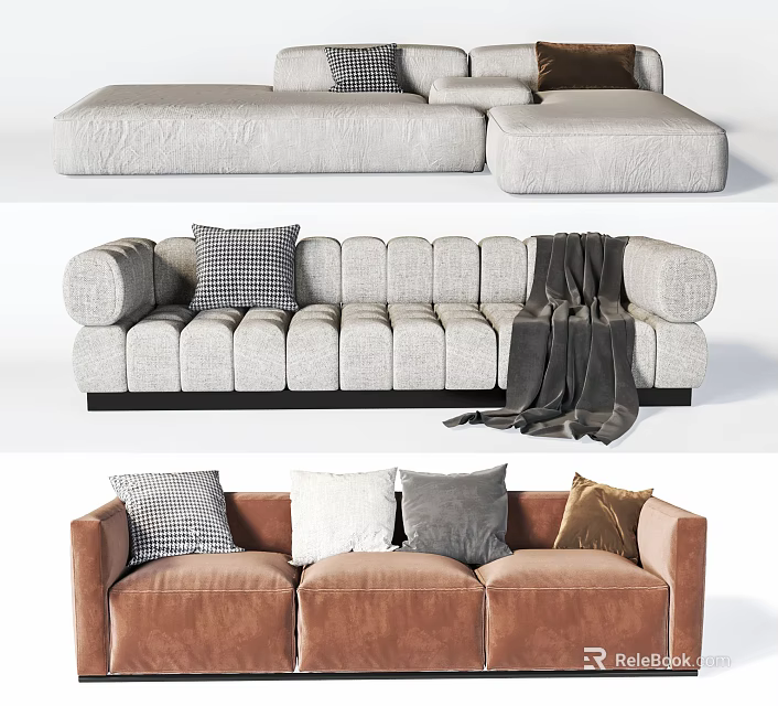 Light Gray And Brown Sofa Set With Plush Upholstery Decorative Pillows And Throw Blanket 3d model