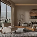 Modern Living Room Interior With Grey Sofa Wooden Coffee Table Beige Rug And Decorative Painting