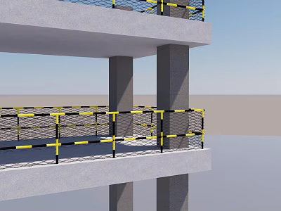 Yellow And Black Striped Mesh Fence On Construction Platform With Concrete Pillars 3d model