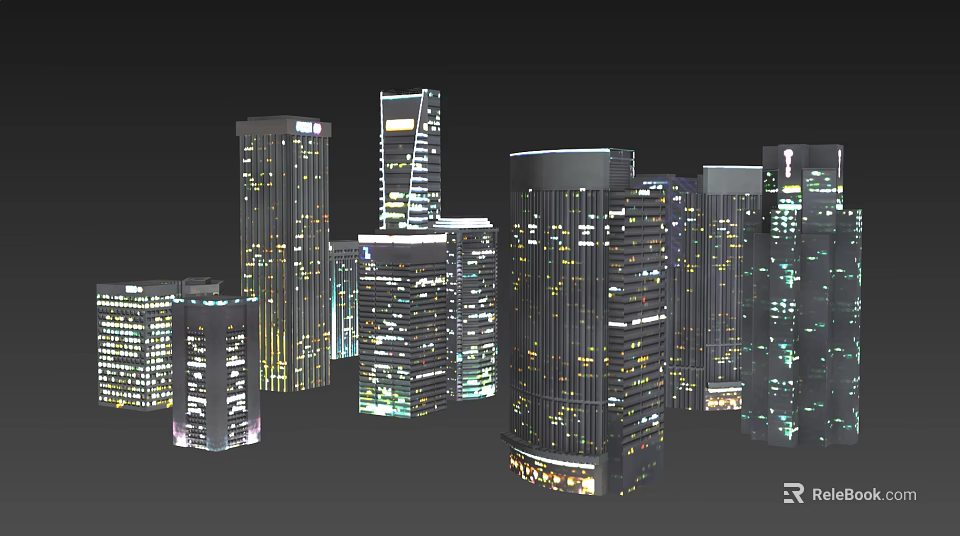 Modern City Night View With Illuminated Tall Buildings And Bright Lights 3d model 