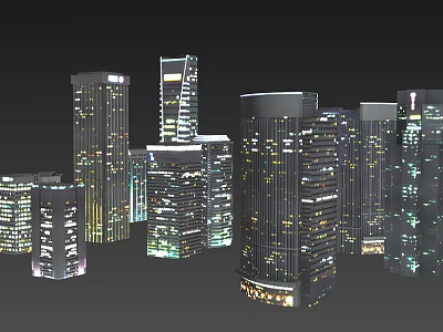 Modern City Night View With Illuminated Tall Buildings And Bright Lights 3d model
