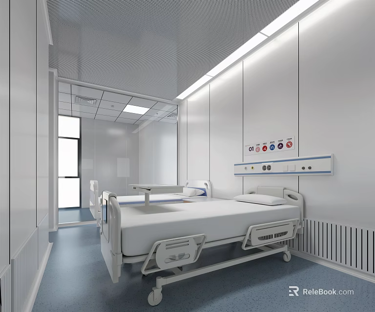 Modern Hospital Outpatient Ward Featuring Hospital Bed White Walls Ceiling Lights And Control Panel 3d model 