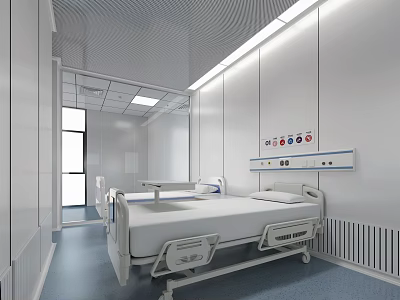 Modern Hospital Outpatient Ward Featuring Hospital Bed White Walls Ceiling Lights And Control Panel 3d model