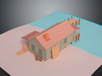 Cartoon Scene Featuring Small House with Red Roof Green Walls Wooden Dock Chimney and Barrels 3d model