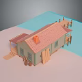 Cartoon Scene Featuring Small House with Red Roof Green Walls Wooden Dock Chimney and Barrels