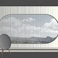 Vertical Striped Curtains For Oval Window With Mountains And Sky View In Modern Minimalist Interior