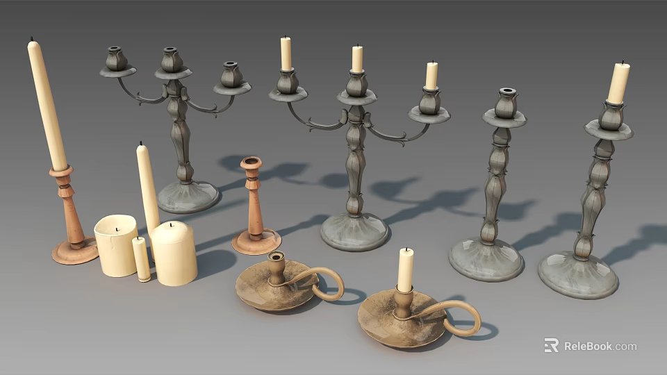 Decorative Candle Holders With Various Styles Metal And Wooden Designs And Candles 3d model 