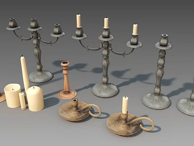 Decorative Candle Holders With Various Styles Metal And Wooden Designs And Candles 3d model