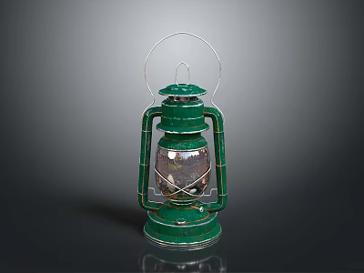 Vintage Green Kerosene Lamp Design with Glass Shade and Metal Frame 3d model