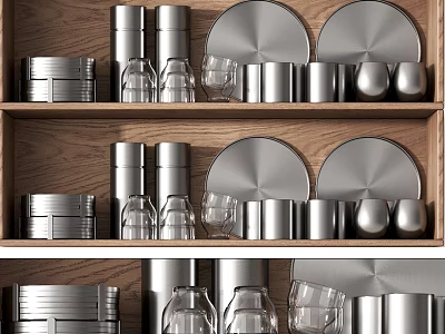 Stainless Steel And Glass Tableware Set With Plates Cups On Wooden Shelf 3d model