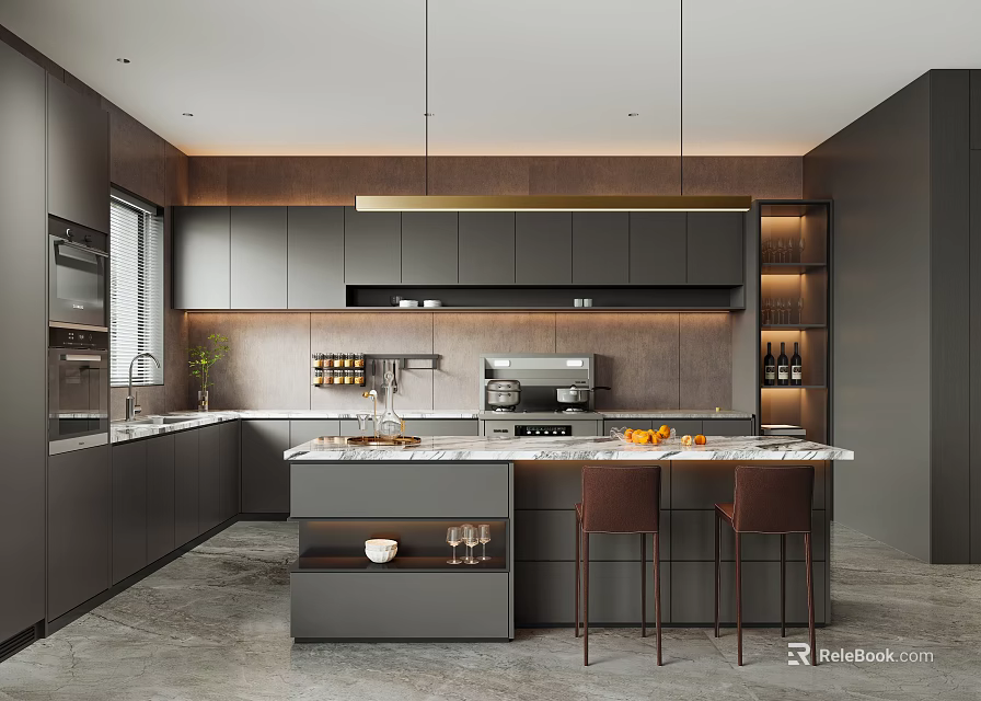 Modern Kitchen Interior With Island Countertop Dark Cabinets And Pendant Lights 3d model 