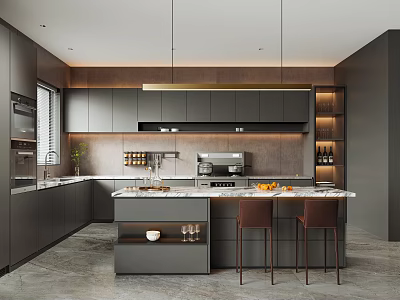 Modern Kitchen Interior With Island Countertop Dark Cabinets And Pendant Lights 3d model