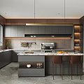 Modern Kitchen Interior With Island Countertop Dark Cabinets And Pendant Lights
