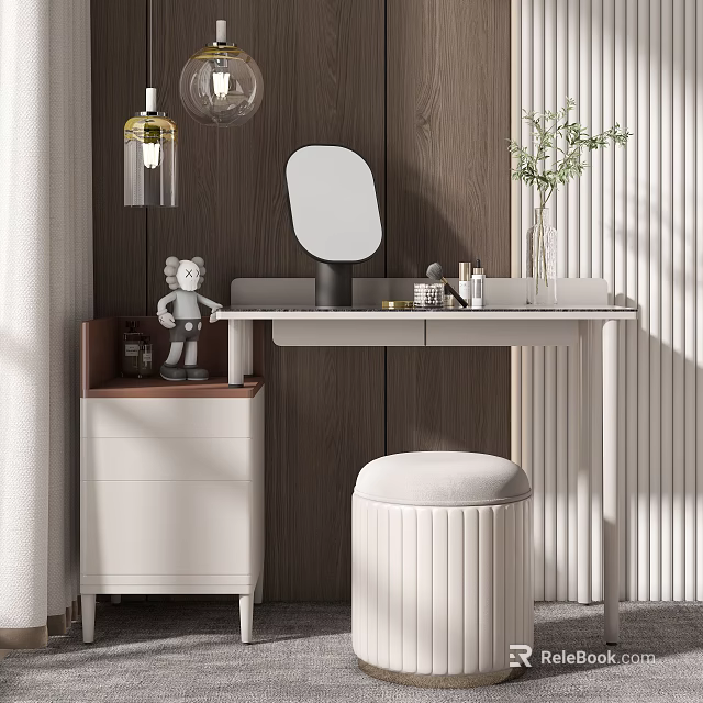 Modern Dressing Table With Round Mirror Stool Greenery And Hanging Lamp 3d model 