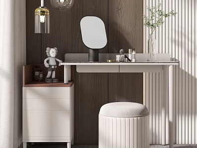 Modern Dressing Table With Round Mirror Stool Greenery And Hanging Lamp 3d model