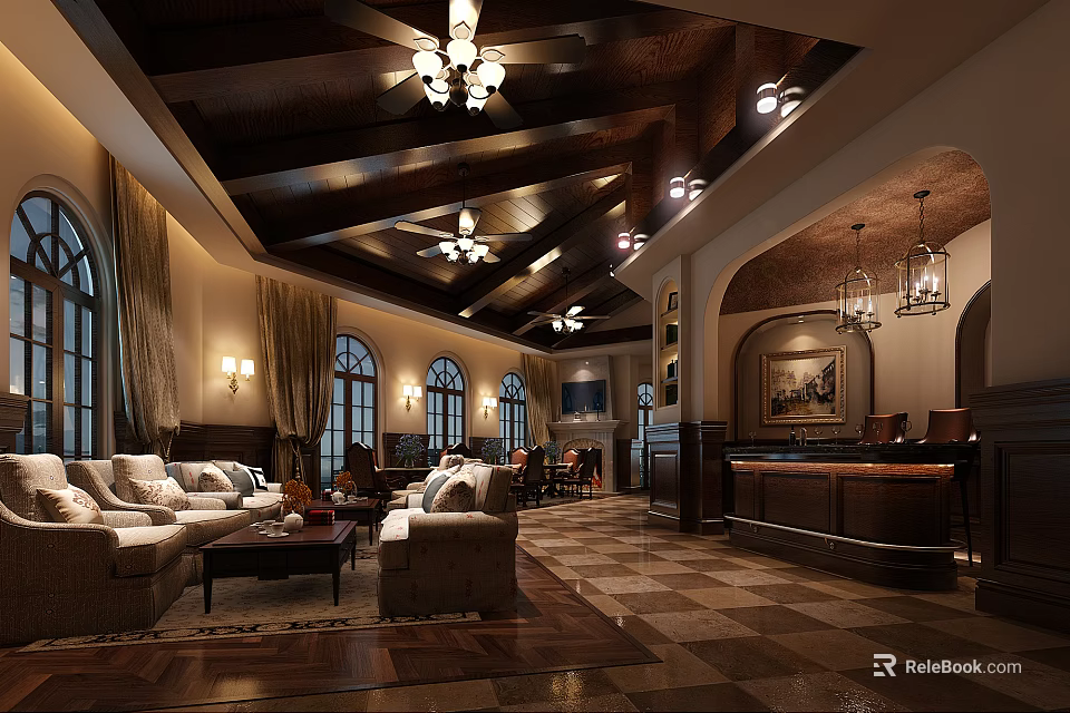 Elegant Clubhouse Interior Featuring Chandeliers Plush Sofas Arched Doorways And Wooden Accents 3d model 