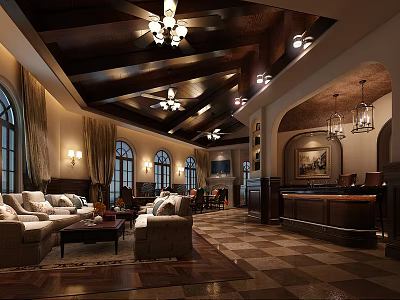 Elegant Clubhouse Interior Featuring Chandeliers Plush Sofas Arched Doorways And Wooden Accents 3d model
